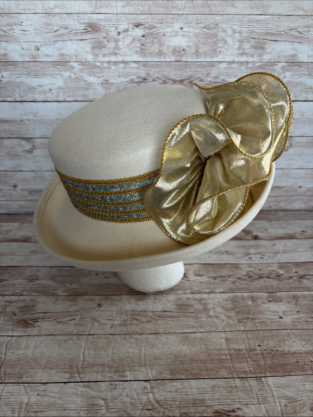 Vintage Ivory Dress Hat with Gold Ribbon Accent - Picture 3 of 10